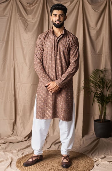 Snuff Brown Embroidered Rayon Kurta Set