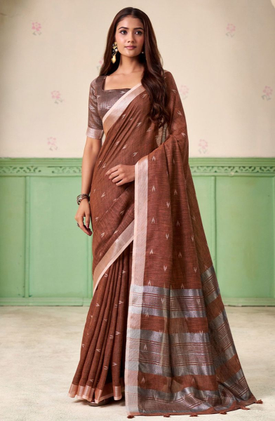 Snuff Brown Line Silk Saree with Zari Patta
