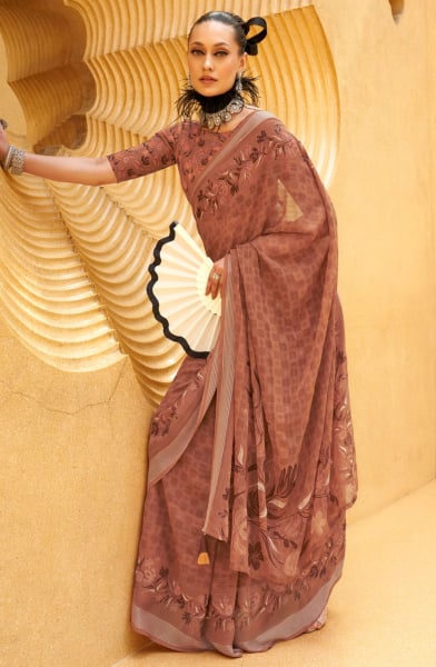 Snuff Brown Printed Georgette Saree