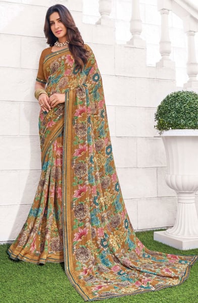 Snuff Brown Printed Georgette Saree