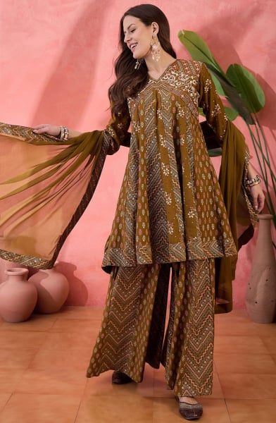 Snuff Brown Roman Silk Readymade Palazzo Kameez