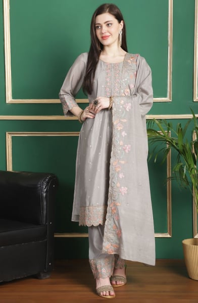 Soft Grey Embroidered Chinnon Chiffon Pant Kameez