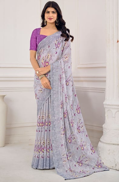 Soft Grey Floral Print Chiffon Saree