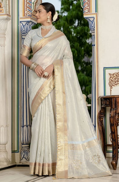 Soft Grey Khatli Work Linen Tissue Saree