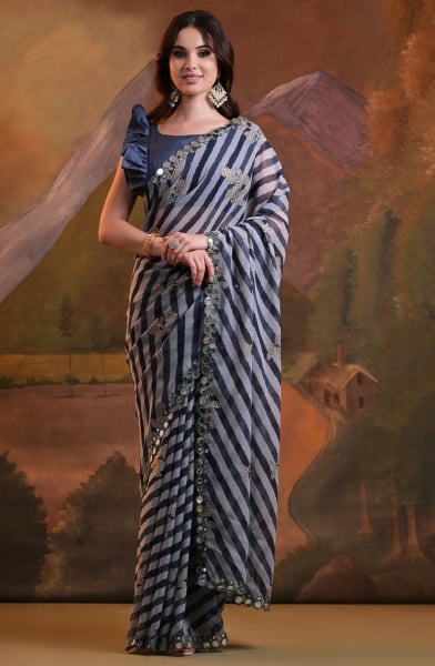 Soft Grey Leheriya Print Embellished Georgette Saree