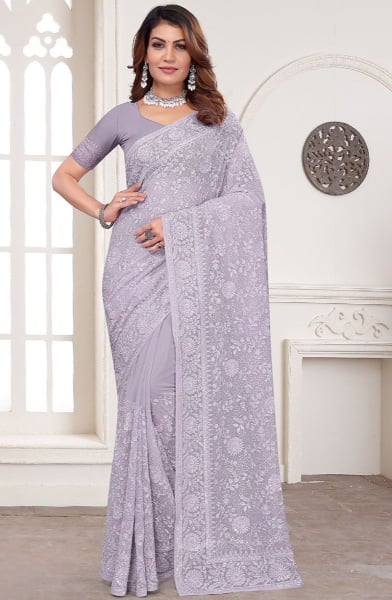 Soft Grey Resham Embroidered Georgette Saree