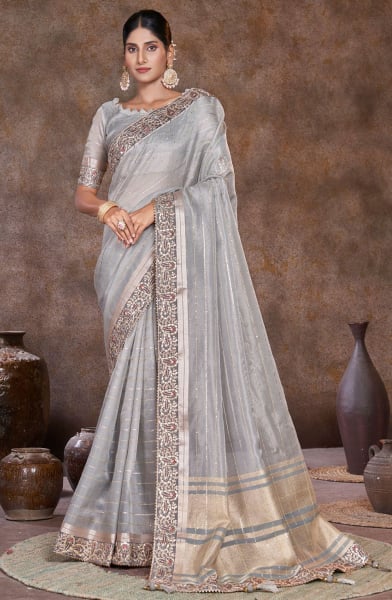 Soft Grey Sequins Embellished Dyed Silk Saree
