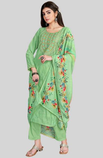 Spring Green Embroidered Chanderi Silk Pant Kameez