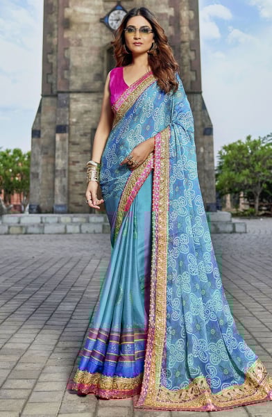 Steel Blue Bandhani Print Georgette Saree