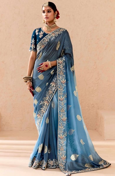 Steel Blue Embroidered Viscose Bemberg Designer Saree