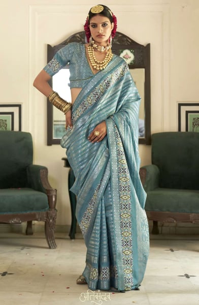 Steel Blue Printed Silk Saree with Weaving