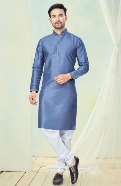 Steel Blue Pure Silk Festival Wear Kurta Set