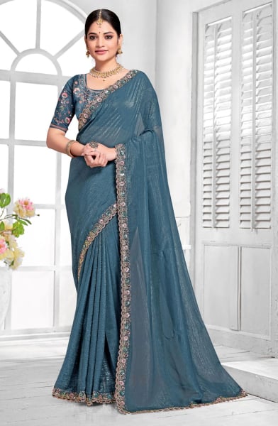 Steel Blue Silk Sequins Embroidered Saree