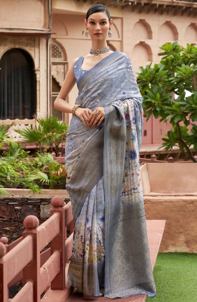 Steel Blue Woven Zari Butti Tussar Silk Saree