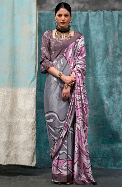 Steel Grey and Pink Digital Print Silk Crepe Saree