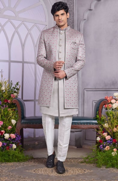 Steel Grey Embroidered Art Silk Indo Western