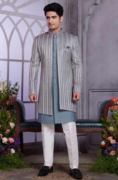 Steel Grey Embroidered Art Silk Indo Western