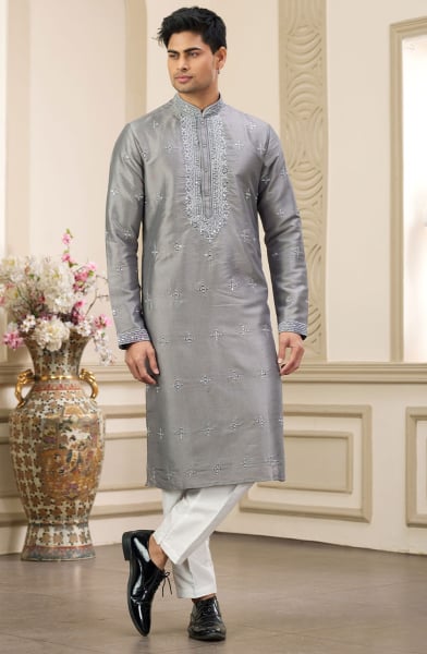 Steel Grey Embroidered Banarasi Art Silk Kurta Set