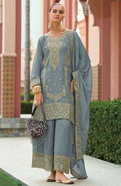 Steel Grey Embroidered Chinnon Silk Palazzo Kameez
