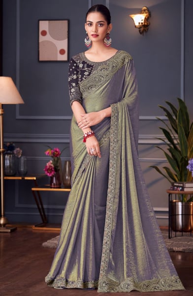 Steel Grey Embroidered Double Tone Silk Designer Saree