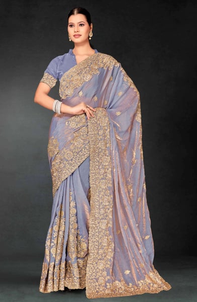 Steel Grey Embroidered Fendi Silk Saree