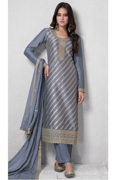 Steel Grey Embroidered Lotus Silk Pant Kameez