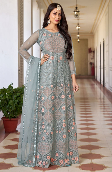 Steel Grey Embroidered Net Anarkali Dress for Festival