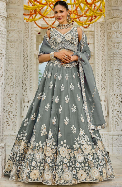 Steel Grey Embroidered Organza Readymade Lehenga Choli