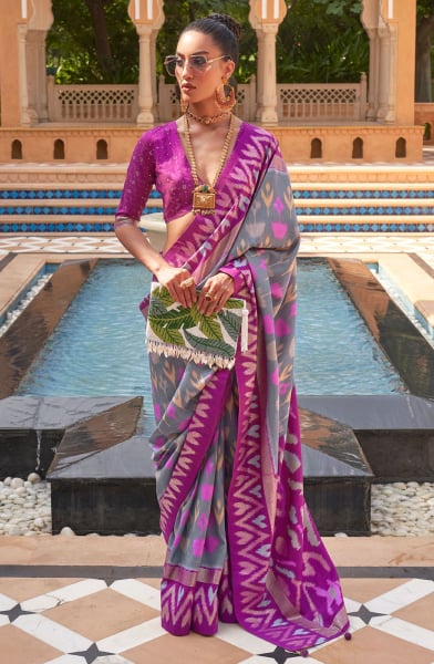 Steel Grey Foil Print Smooth Silk Saree