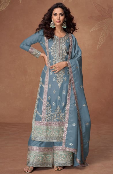 Steel Grey Heavy Embroidered Organza Shimmer Silk Palazzo Kameez