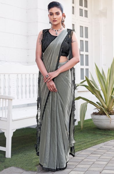 Steel Grey Satin Silk Ready to Wear Saree with Jacket