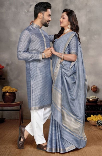 Steel Grey Silk Festival Wear Couple Combo