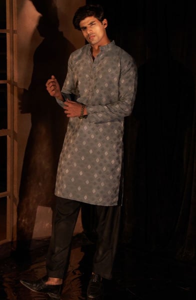 Steel Grey Viscose Men Kurta Set