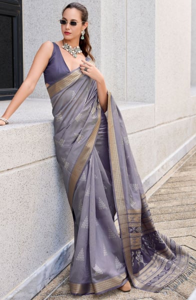 Steel Grey Zari Woven Rayon Silk Saree