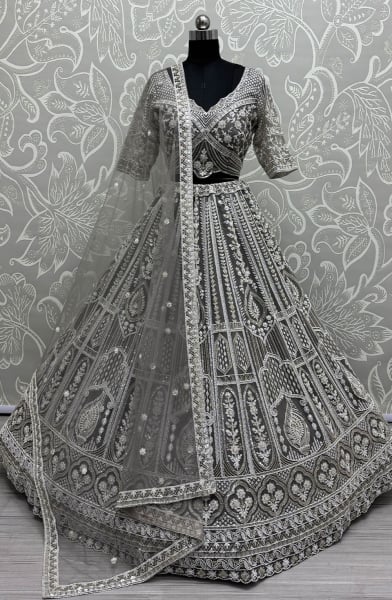 Stone Grey Handwork Embroidered Net Bridal Lehenga Choli