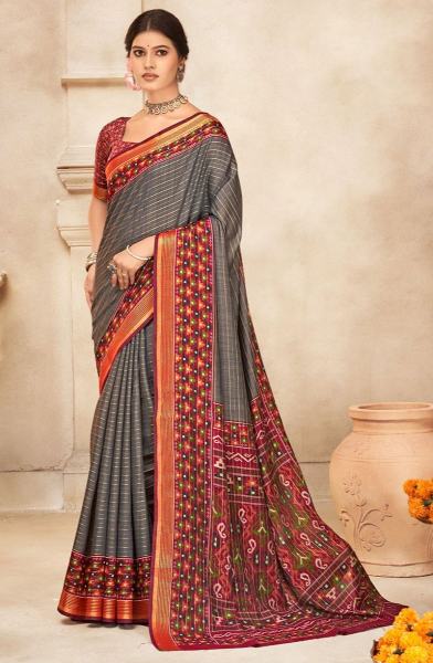 Stone Grey Printed Mal Cotton Saree