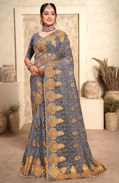 Stone Grey Resham Embroidered Net Saree