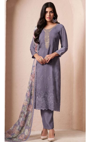Stone Grey Schiffli Work Organza Pant Kameez