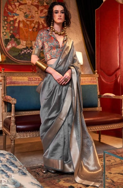 Stone Grey Woven Moss Chiffon Saree