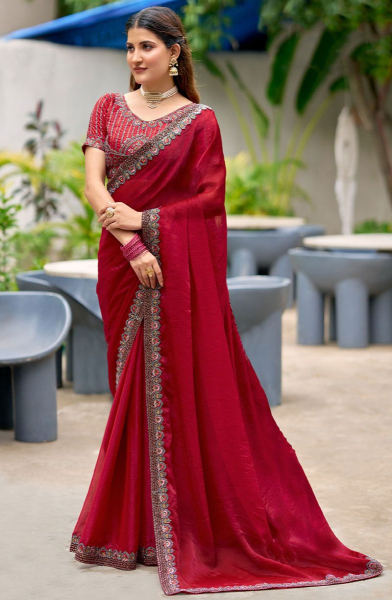 Strawberry Chiffon Saree with Embroidered Blouse
