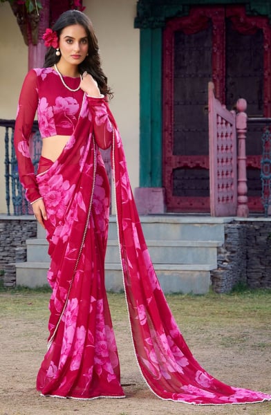 Strawberry Floral Print Chiffon Saree