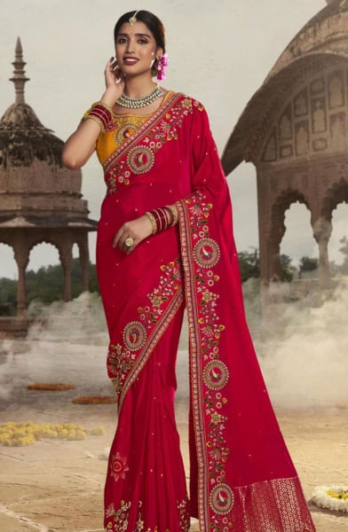 Strawberry Red Embroidered Silk Designer Saree