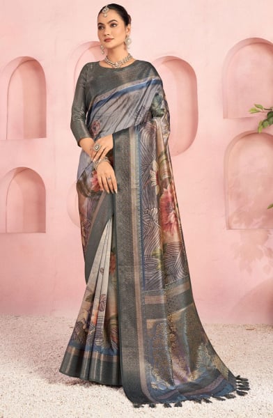 Stunning Grey Jacquard Silk Saree