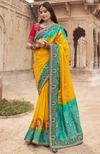 Sunny Yellow and Firozi Embroidered Silk Designer Saree
