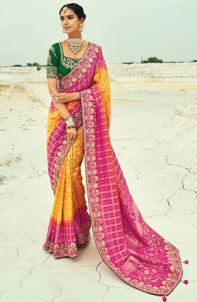 Sunny Yellow and Rani Pink Pure Georgette Bandhej Designer Saree