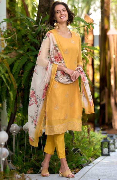 Sunny Yellow Embroidered Tissue Readymade Pant Kameez
