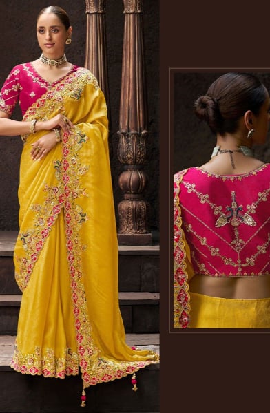 Sunny Yellow Embroidered Viscose Tissue Designer Saree