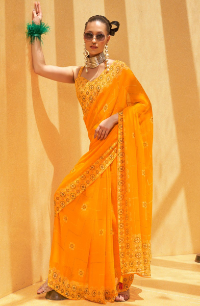 Sunny Yellow Foil Print Georgette Saree