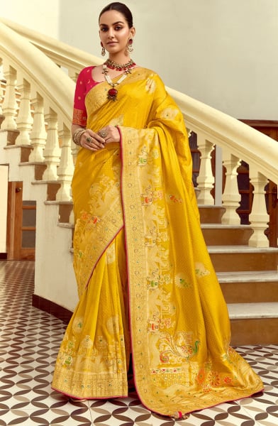 Sunny Yellow Handwork Dola Silk Saree