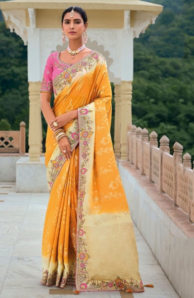 Sunny Yellow Khatli Work Designer Silk Saree
